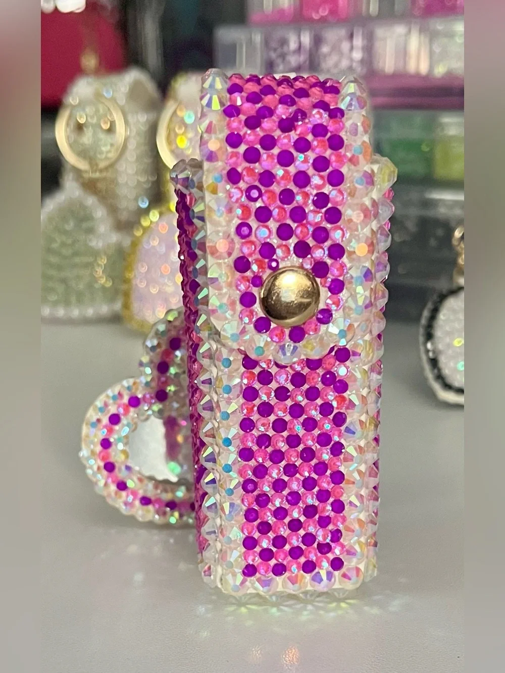 Hand Crafted Barbie Core Iridescent Crystal Lipstick Case and Mirror Keychain